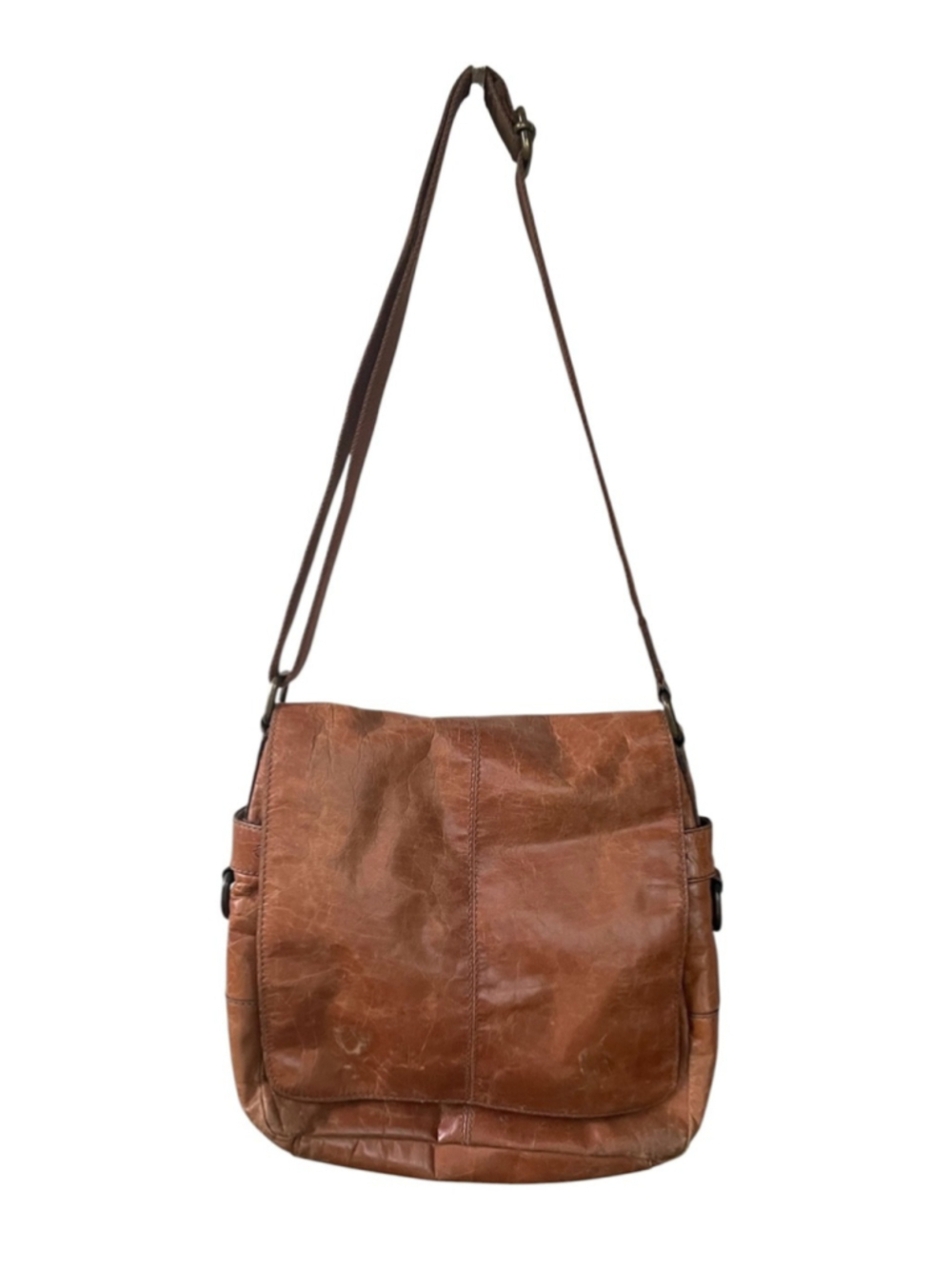 Vintage Fossil Cognac Brown Leather Flap Messenger Crossbody Bag